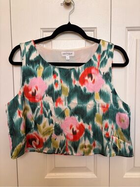 Vestique Teal Floral Sleeveless Crop Top with Pink & Red Blooms